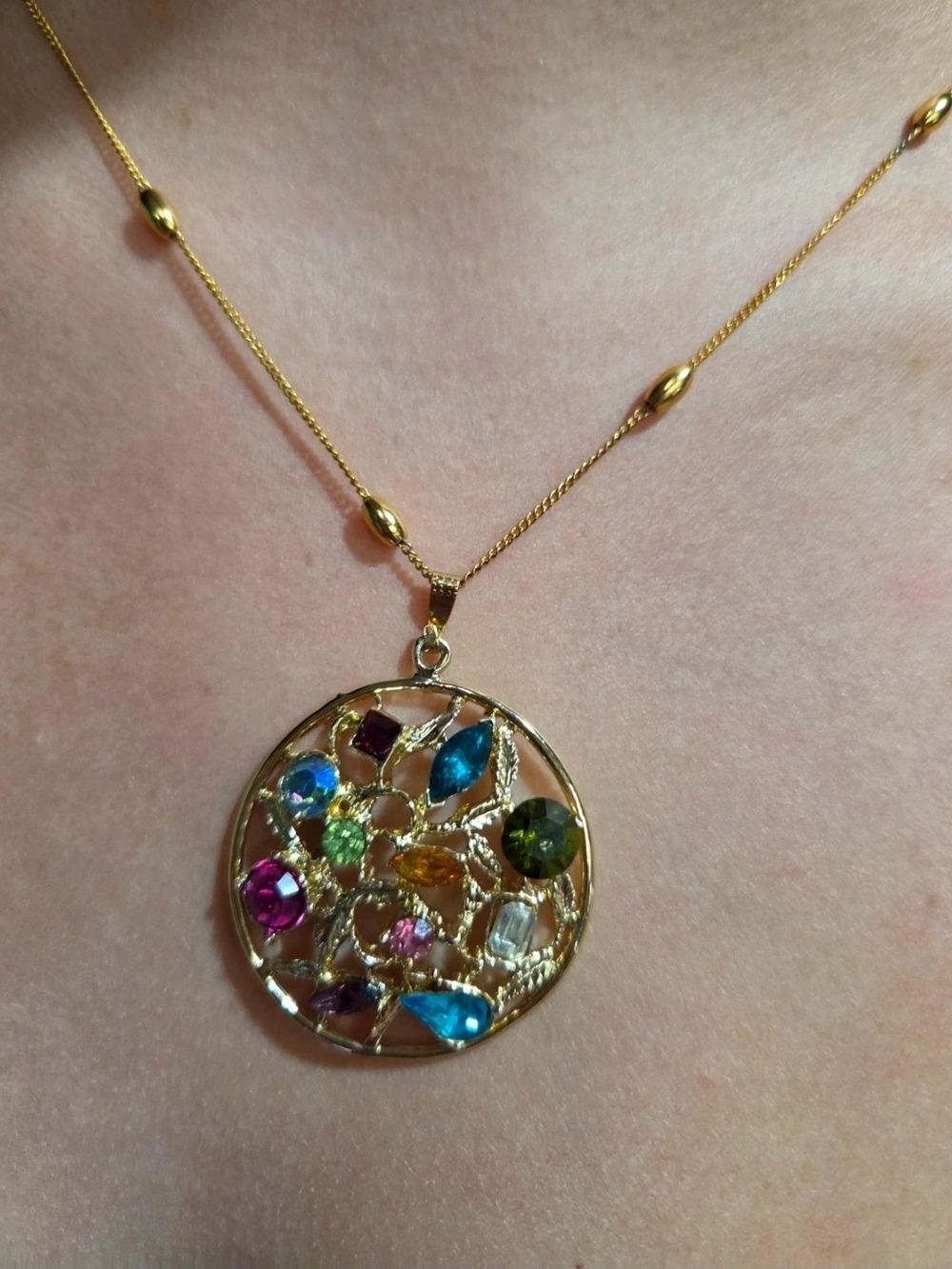 Gold Multicolor Gemstone Pendant Necklace